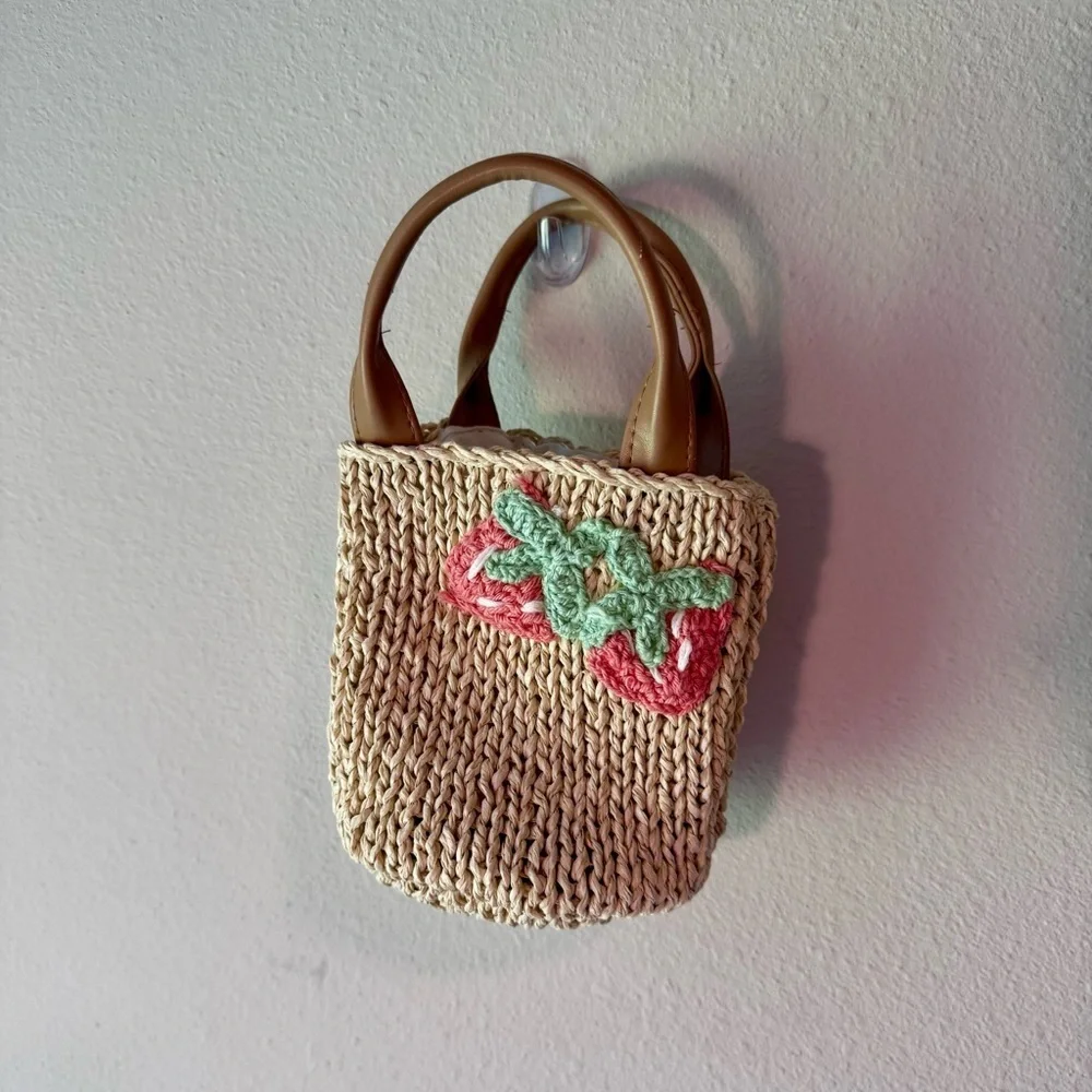 Toddler Straw Tote Bag with Strawberry Embroidery